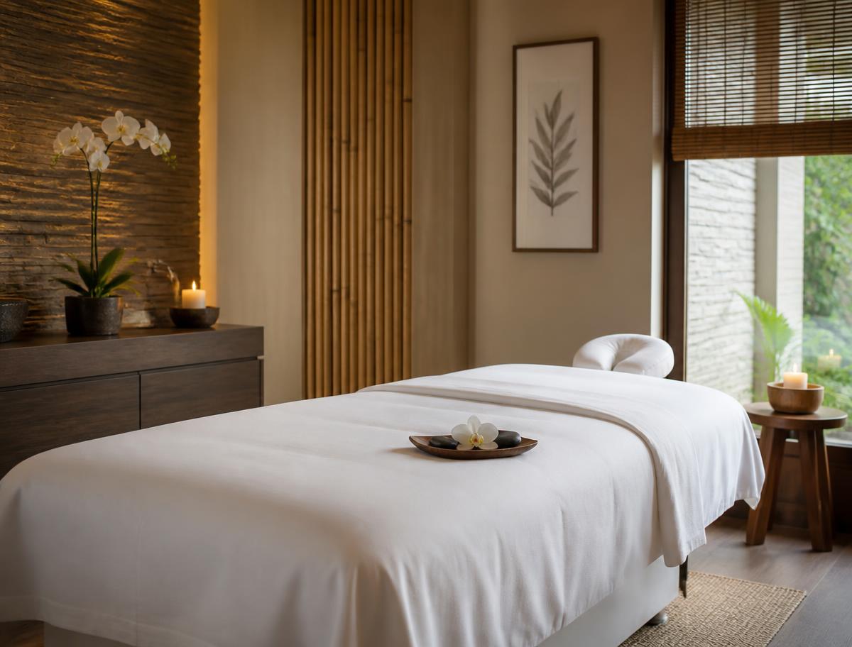 Clean and serene massage room with fresh white linens and soft lighting